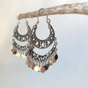 NEW~ Free People Lace & Coin Silver Chandelier Hoop earrings